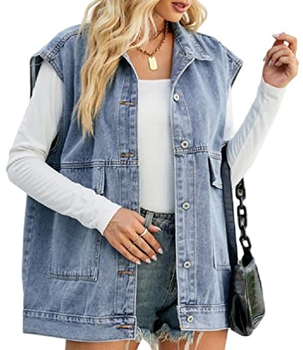 Vestes en jean délavées boutonnées sans manches Poket Insgram Gilet en jean raccourci déchiré surdimensionné pour l'été, bleu, S
