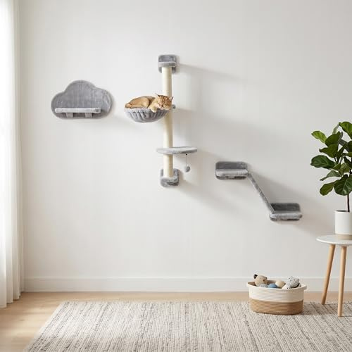 PawHut Katzenwandmöbel mit Hängematte, Plattformen, Leiter, Kratzbaum - Grau