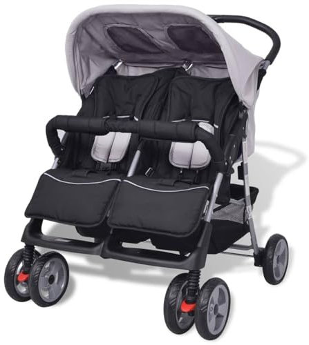 LAPOOH Passeggino Gemellare in Acciaio Grigio e Nero,Bebè e Bimbi,Trasporto Bebè,Passeggini(SPU:10110)