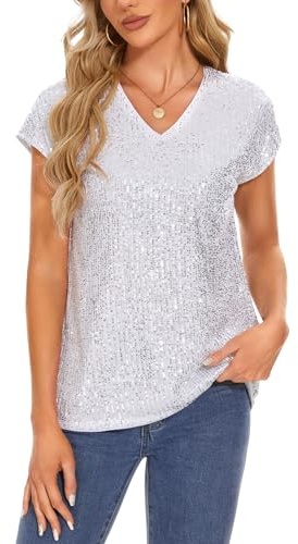 MINTLIMIT Damen Pailletten Glitzer Tops Oberteil Kurzarm V-Ausschnitt T-Shirt Bluse Cap Ärmel Freizeit Party Festival Club