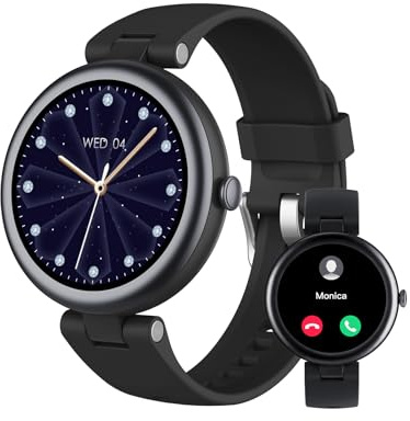 SHANG WING Lynn Montre Connectée Femme Ronde Petite 1,09 Pouce Elegante Montre Sport Cardio Podometre Marche Saturation Oxygène Montre Intelligente Multifonctions Idee Cadeau Noel Femme Noir