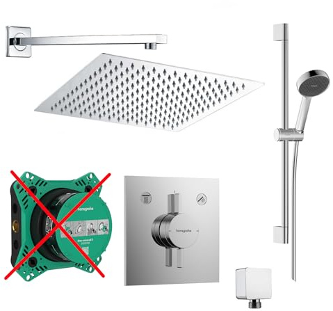 vanvilla Duschsystem mit Unterputz Duscharmatur von Hansgrohe Duo Turn E und vanvilla Regendusche mit Armatur, Duschkopf eckig, Dusch-SET HG211-ob poliert
