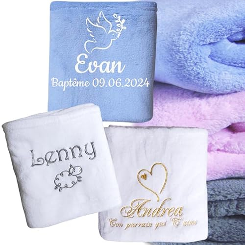 Vanevitch Couverture de Baptême Personnalisée avec Un Prénom Brodé, en Polaire Douce, 2 Dimensions 105x75 cm ou 140x95 cm, Cadeau Bébé, 100% Polyester