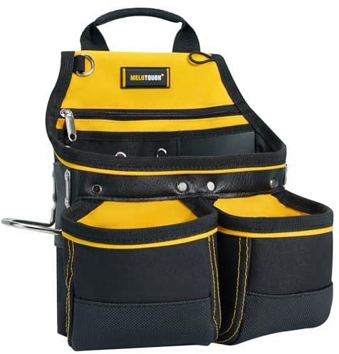 MELOTOUGH carpenter tool pouch with 10 pockets, electrician tool pouch, tool belt bag with belt clip, tool pouch with hammer holder for roofers,