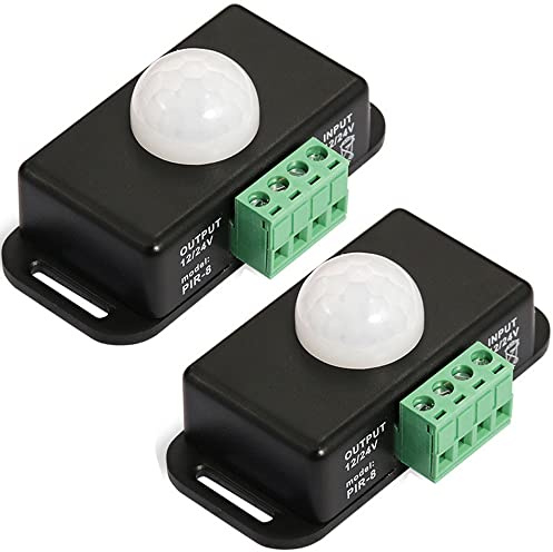 RTNLIT 12V 24V PIR Sensor, LED Motion Sensor Light Switch Body Infrared Motion Detector Controller for Flexible LED Strips Light(Black, Pack of 2)