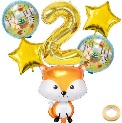 Kawailay 2. Fuchs Geburtstag Deko Waldtiere 2. Geburtstag Deko Ballons Fuchs Folienballon Gold Zahl 2 Luftballon für Junge Mädchen Geburtstag Party Motto Party