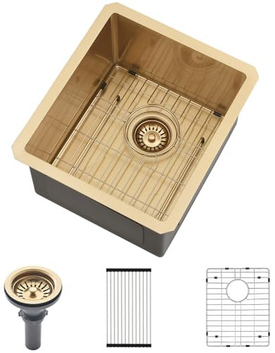 13 Inch Gold Bar Sink Undermount-VASOYO 13x15 Inch Undermount Bar Sink Gold Small Rv Kitchen Sinks Outdoor Island Sinks 16 Gauge Stainless Steel Single Bowl Basin with Bottom Grid