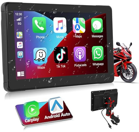 Podofo Autoradio per Moto con Wireless Carplay, Android Auto, Touchscreen da 7 Pollici, Autoradio Carplay con Bluetooth, Navigazione GPS, Trasmettitore FM, Scheda TF, USB