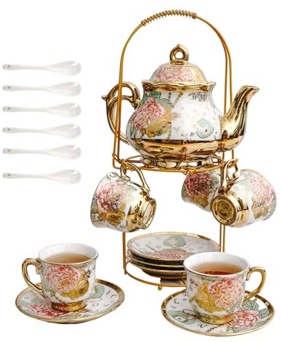20 Pieces European Vintage Ceramic Tea Set with Metal Cup Holder, Adult Tea Set, Women's Afternoon Tea Set (golden rose, medium)