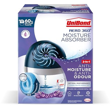 UniBond AERO 360º Lavender, Humidity Absorber, Ultra-Absorbent, Helps Prevent Condensation, Mould & Musty Smells, Recyclable & Refillable, Moisture Absorber Device incl. 1 Lavender Refill Tab 450g