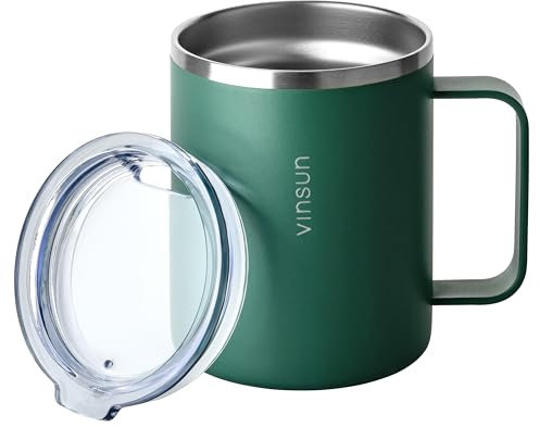 VINSUN Taza Térmica con Asa 350ml - Acero Inox, Sin BPA, Reutilizable, Tapa Transparente, Doble Pared - Taza Termo Cafe para Llevar, Camping, Oficina, Viajes