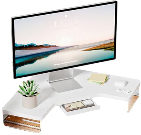 GUHPZA Eck-Monitorständer, durchsichtiges Acrylbein und Eck-Bildschirmständer aus Holz, L-förmiger dreieckiger Schreibtischaufsatz für Monitor/Laptop/Computer, Eck-Organizer mit Schublade, weiß