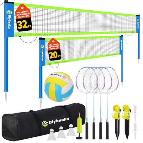 Tragbares Volleyball- und Badminton-Netz-Set für Hinterhof, Strand, mit 2 Netzen (6 m und 9,8 m), verstellbaren Stangen, PU-Volleyball, Aluminiumschläger und Tragetasche, schneller Aufbau und