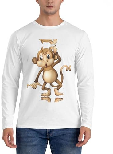 Cute Monkey Herren Rundhals Langarm T-Shirt Casual Langarm Männer T-Shirt Ohne Taschen, weiß, XXL