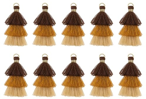 QUARKZMAN 10 Stück Winzige Dreischichtige Quasten 1,6 Mini Quaste Taschenanhänger Böhmische Handgefertigte Quasten Schlüsselanhänger für DIY Projekte Schmuckherstellung (Braun/Kaffee/Khaki)