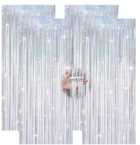 Qiuruoo 4 Stück Lametta Vorhang Silber, Quastenförmige Glitzervorhang für Partydekoration, Geburtstagsdekoration, Hochzeitsbühnendekoration (1m*2m)