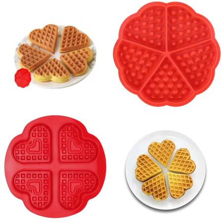 PHMING 2 Pièces Moule Gaufre Four, 4 et 5 Cavités Moule a Gaufre Silicone | Forme de Cœur Moule Silicone Gaufres, Moules Cuisson Silicone Rouge, pour Faire Gaufres, Gâteaux, Chocolats