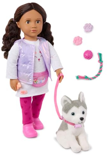 Our Generation Estella & Evi, 46-cm-Puppe mit Husky-Welpen | 46-cm-Puppe mit 15-cm-Husky, Outfit, Leine, Spielzeug und 3 Leckerlis; Augen öffnen und schließen sich; 3+ Jahre