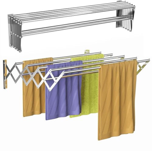 ChaneeHann Wall-Mounted Clothes Airer, Extendable & Foldable Stainless Steel Drying Rack with 7 Rails, Space-Saving Towel Rail for Laundry Room & Bathroom, 23.6 x 20.5 x 7.3 inches, Silver