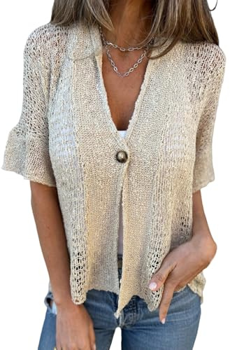 Nbzsmlkn Haut en Tricot Uni À Un Bouton pour Femme, Cardigan Boutonné Ajouré, Transparent, Col en V, en Crochet. Cardigan Décontracté Ample À Manches Courtes, Ouvert sur Le Devant. (Abricot,S)