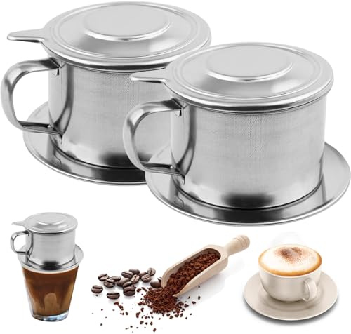Vietnamesischer Kaffee Dripper 2 Set Edelstahl Vietnamesischer Kaffeefilter 3.3x2, 5in professionelles waschbares wiederverwendbares Café -Accessoires, Tropfer