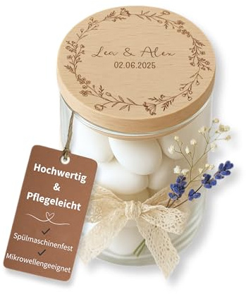 Personalisierbares Vorratsglas mit Holzdeckel – Geschenk zur Hochzeit – Glas mit Gravur & Deko – Gastgeschenk - [einzeln - S/M/L - 0,2-0,8 L] - Deko Hochzeit (Blumenkranz, M: 530ML)