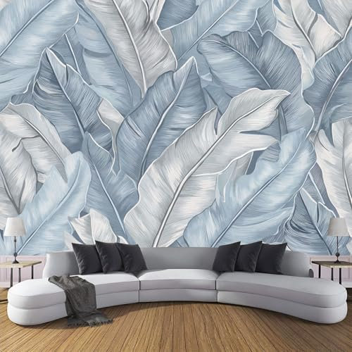 Papier Peint Gris-Bleu Feuille De Bananier, Panoramique 3D Tropical Murale, Gris clair Bleu Poster Tableaux Photo Muraux Utilisé Pour Salon Chambre à Coucher Maison Intérieure (450x315cm (L×H))