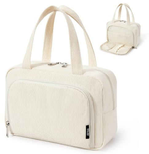 KALIDI Kosmetikväska för damer med snören Kulturväska Resesminkväska med många fack & penselfickor Stor sminkväska Kosmetikorganisering Tvättväska Makeupväska för kvinnor, Beige, Vintage