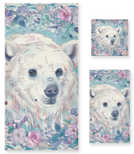 voucong Set di 3 asciugamani decorativi per il viso in stile bohémien con fiori e orsi bianchi, 1 asciugamano da bagno, 1 asciugamano per le mani, 1 panno per bagno e cucina
