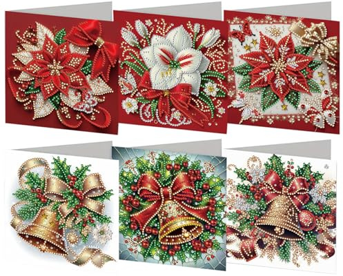 Generisch 6 Stück DIY Diamant Malerei Weihnachtskarten Set, Weihnachtskarten Diamond Painting, 5D DIY Diamond Kunst Karten Geburtstag Karte, Bastelset für Grußkarten, Weihnachtsdeko Geschenk