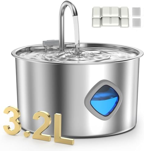 Edelstahl Katzenbrunnen 3,2L, Trinkbrunnen mit Sichtfenster & 2 Filtern | Leiser, hygienischer Wasserbrunnen für Katzen, 3,2L mit automatischer Wasserzirkulation und sicherem Design