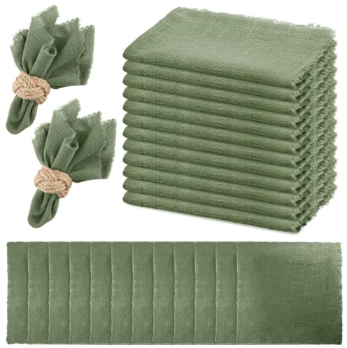 LOMUG 12 stycken tygservetter, linneservetter 42 x 42 cm, återanvändbara servetter tyg, bomull bordsservetter tyg med 10 m snöre för födelsedagsfest (salvia, grön, brink-stil)