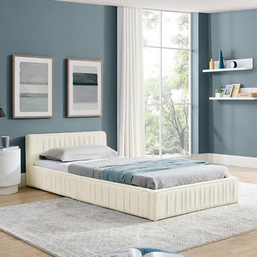 okwish Polsterbett 90x200 Jugendbett mit Bettgestell und Lattenrost - Für Kinder Jugendliche und Erwachsene geeignet - Maximale Tragkraft 200 kg, ohne Matratze, Chenille Beige