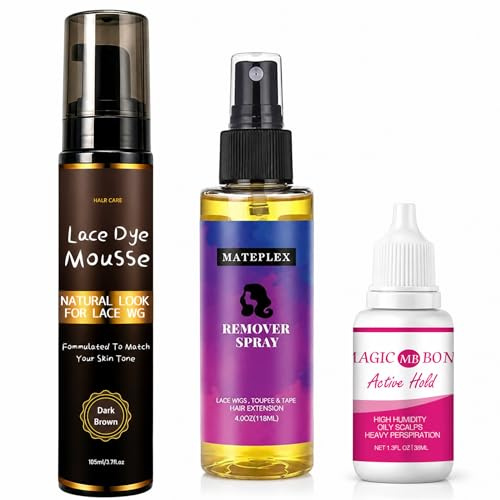 3Pcs Tape Extensions Remover, Lace Wig Glue & Melting Hair Lace Tint Mousse - Dark Brown Wig Install Kit for Lace Front, Toupee & Hair Extensions, Strong Hold, Clean Removal