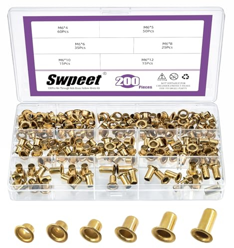 Swpeet 200Pcs 6 Sizes M6 Through Hole Copper Rivets Assortment Kit, Hollow Rivets Grommets, Double-Sided Circuit Board PCB Vias Nails for Electrical Applications Belts Wallets Leather DIY Craft