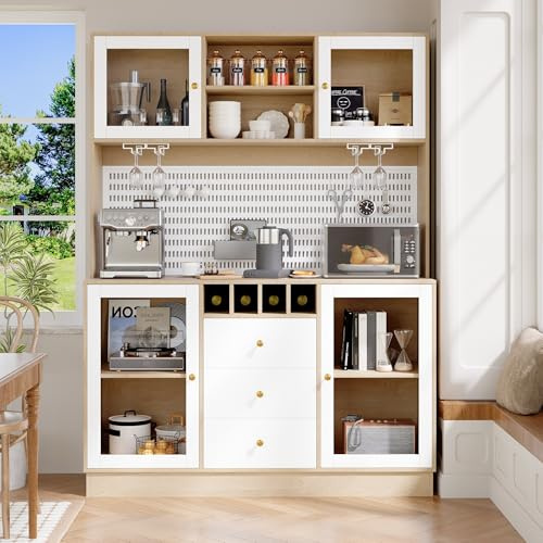 Lahoomu Hochschrank, Küchenschrank mit Smart LED Beleuchtung, fürs Wohnzimmer, Seitenschrank mit Weinregal und Kippsicherung, Verstellbare Einbauregale, Weiß
