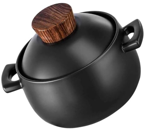 Operitacx Keramik Kasserolle 2,5l mit Holzgriff und Deckel Hitzebeständiger Haushalts Schmortopf für Gasherd und Offene Flamme Kleiner Schwarzer Kochtopf für Suppen und Eintöpfe