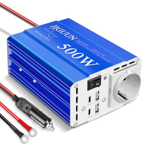 JIGUUN 500W Convertisseur 12V 220V Pur Sinus Onduleur transformateur | Puissance crête 1000W avec 1 Prises EU 2 Port USB 2 ports Type-C 30W pour Voiture Camping Voyage Urgence