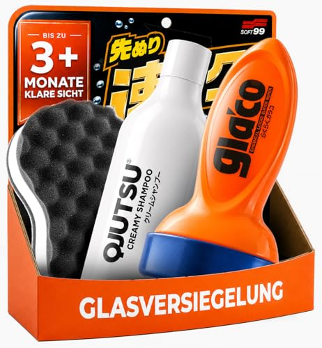 Soft99 Qjutsu Creamy Shampoo 750ml mit Glaco QAD 120ml & Waschschwamm 3-tlg | Waschen, Scheiben pflegen, fertig - Qjutsu Autoshampoo Set inklusive Waschschwamm und Glaco QAD im kompakten Aktions-Set