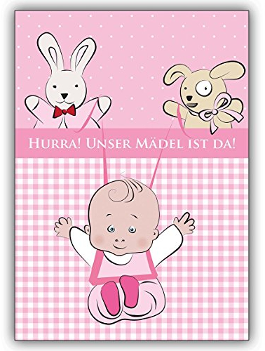 Kartenkaufrausch 10x Süße Babykarte (Mädchen) zur Geburt mit Stofftieren: Hurra! Unser Mädel ist da! • schöne Willkommens Grußkarte, zur Geburt für Mitarbeiter, Familie, Freunde & Kollegen