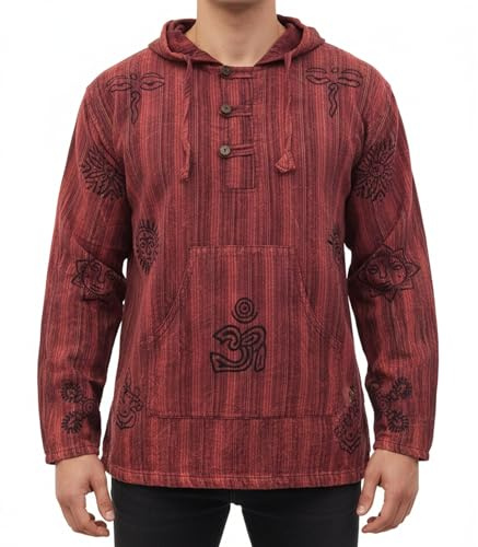 SHOPOHOLIC FASHION Män stentvättad randig hippy farfar skjorta, Rödbrun, 4XL
