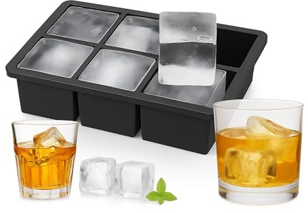 2 Moldes Silicona para Hielo, Reutilizable, XXL, Bandeja Silicona, Cubos de Hielo 5 cm, 6 Cubos Individuales, Negro