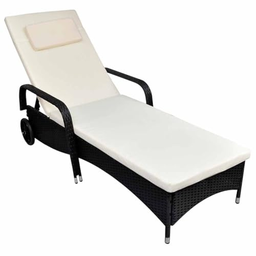 vidaXL Sonnenliege mit Rollen, Poly-Rattan, Liegestuhl. Schwarz