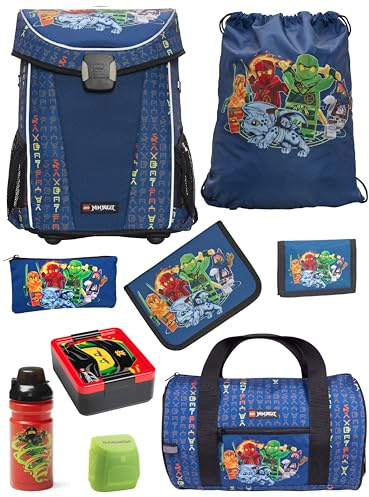 Familando - Schulranzen Set 9-teilig mit Sporttasche - Ninjago Blau - Ergonomisch, stabil & mit gepolstertem Rücken - 870g leicht mit 29L Volumen - wasserabweisend und mit Reflektoren - Ab 1. Klasse