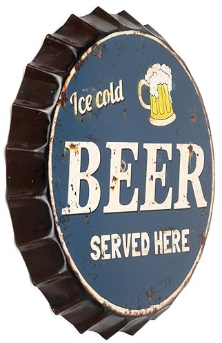 Blechschild Kronkorken Ice Cold Beer Served Here 33 cm Durchmesser cm Deko Schild mit Aufdruck Aufschrift