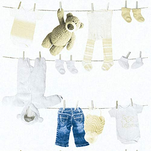 Babytapete in Weiß und Blau | Babyzimmer Vliestapete mit Teddybär ideal für Mädchen und Jungen | Vlies Kindertapete neutral