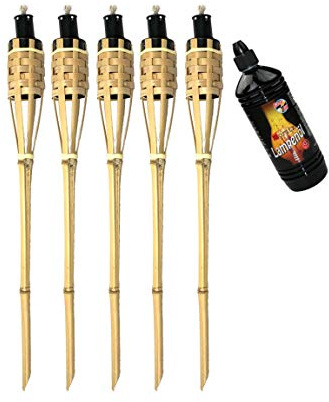 Moritz 5 Bambusfackeln 90 cm Natur Deluxe Gartendeko Set + 1x 1 l Lampenöl