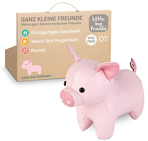 Little Big Friends Tiny Friends – Weiche Baby-Rassel | Tragbares Greifspielzeug ab Geburt | Waschbar & Ideal für Unterwegs | Leon das Schweinchen
