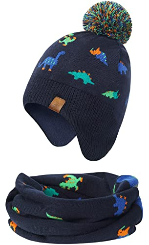 Adorel Jungen Mütze Loop Schal Set Gefüttert Wintermütze Bunte Dino 7-8 Jahre (Herstellergröße L)