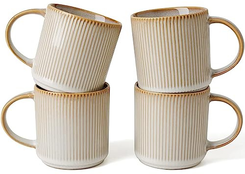 famiware Coffee Mug Set for 4, Star 12 oz Catering Mugs Cup Set with Handle for Coffee, Tea, Cocoa, Milk - Ceramic Stoneware Drinkware Set, Cappuccino White